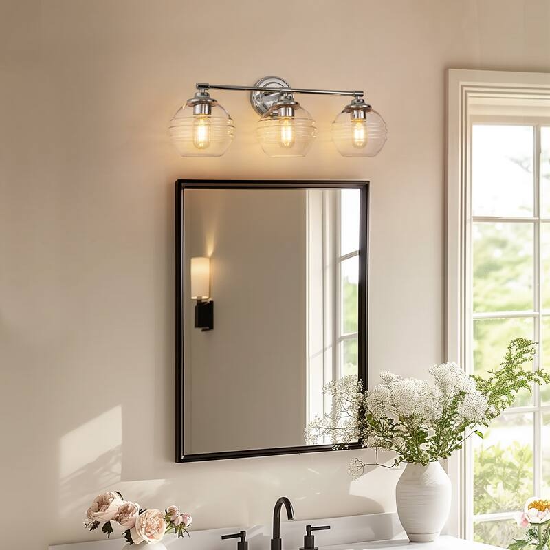 3-Light Brushed Nickel Cylinder Modern Bathroom Vanity Light with Clear Glass Shade,Wall Lamp for Mirror Kitchen Bedroom