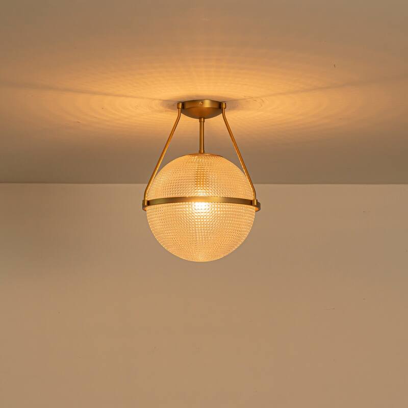 1-Light 14.17" Black/Gold Modern Textured Grid Glass Globe Semi-Flush Mount Light