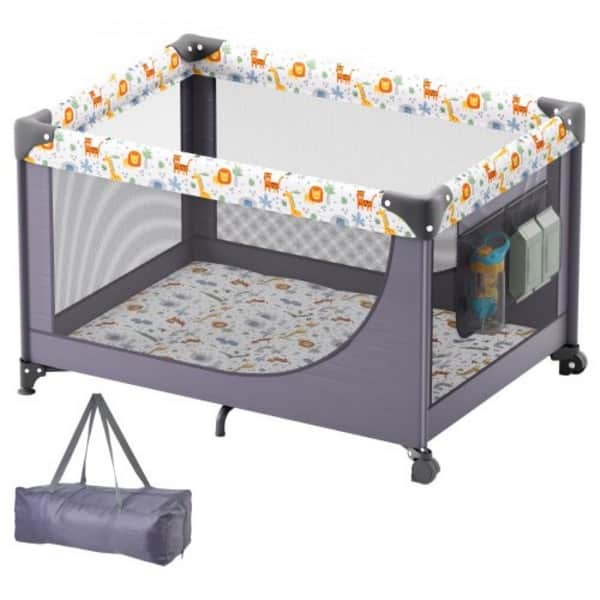 slide 1 of 1, Dark Grey Baby Playpen Folding and Portable with 2 Wheels and Small Storage Pockets - 40.2 x 27.6 x 25.6 in