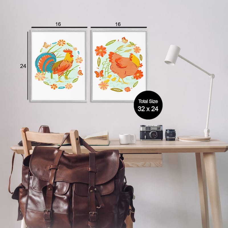Stupell Rooster & Hen with Florals Framed Giclee Art Design By Hannah Moren (Set of 2)