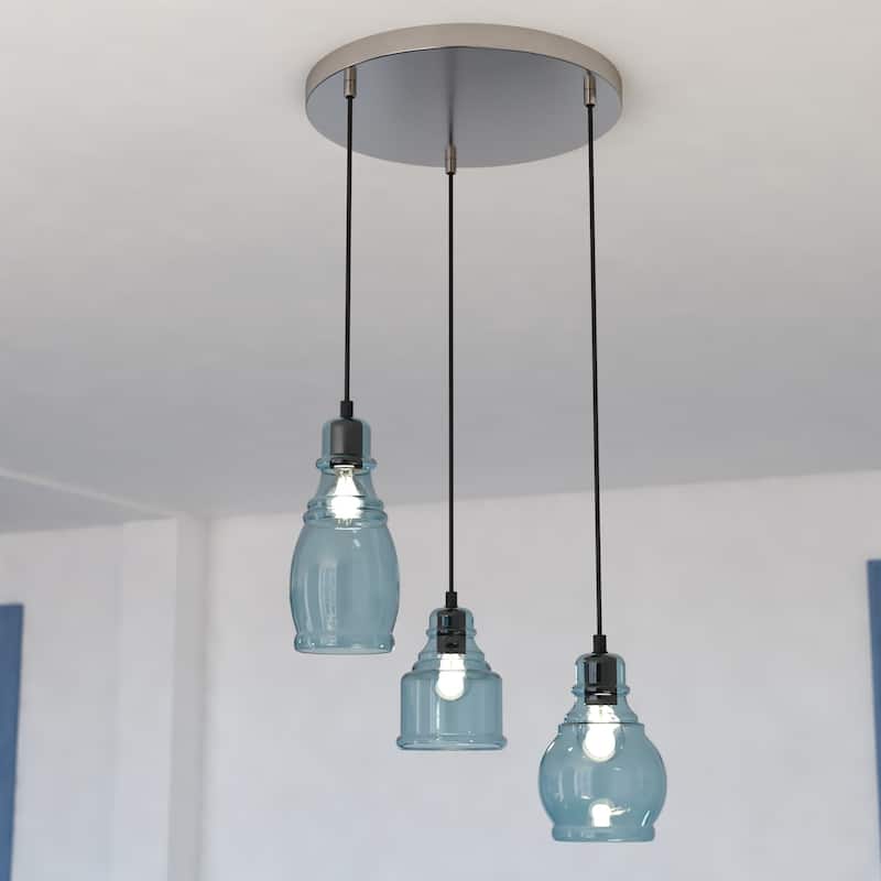 Millie 3L Bronze Farmhouse Jar Pendant Chandelier Ceiling Light Fixture Blue Glass - 17.5-in W x 17.75-in H x 17.5-in D - 17.5-in W x 17.75-in H x 17.5-in D - Satin Nickel and Oil Rubbed Bronze