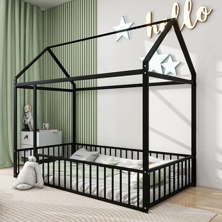 Twin/Full Size Floor Bed,Metal Playhouse Bed Frame with Fence