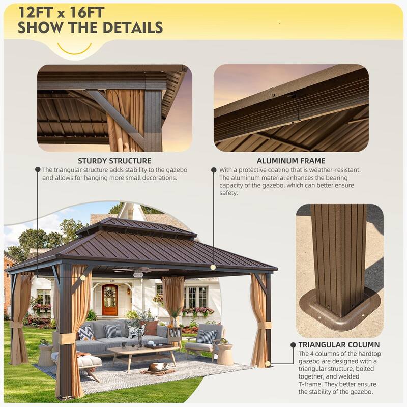 Erommy Hardtop Gazebo with Galvanized Steel Double Roof & Aluminum Frame, Outdoor Gazebo with Curtains and Nettings
