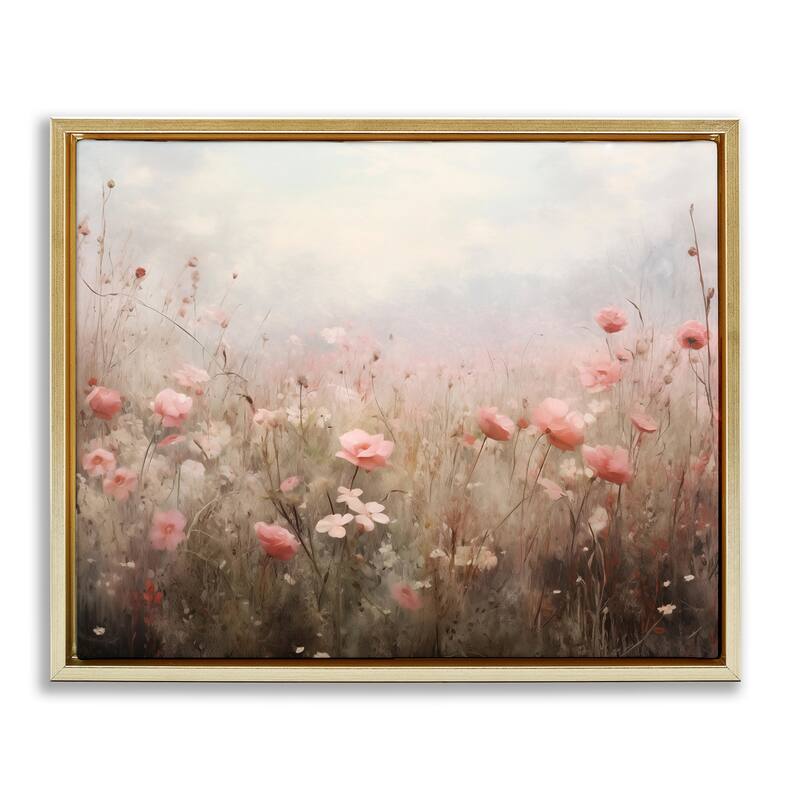 Stupell Pastel Pink Meadow Flowers Framed Floater Canvas Wall Art Design By Arlington Prints - 31 x 25 - Gold