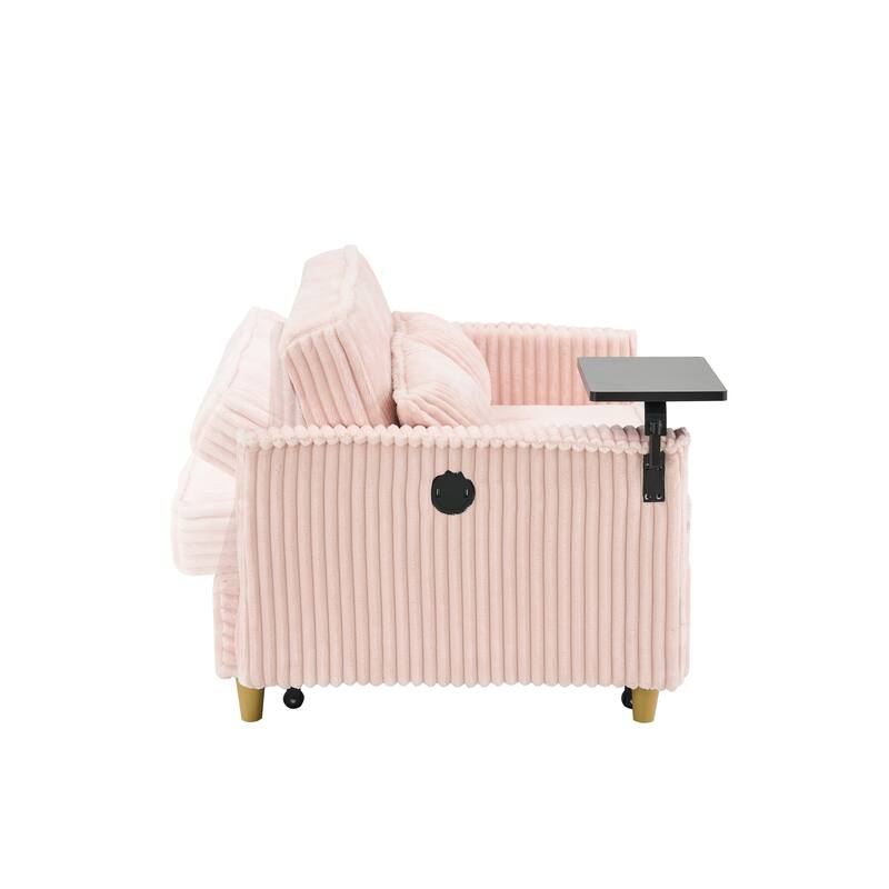 Pink Corduroy Pull-out and Push-in Sofa with Movable Tabletop and USB Ports