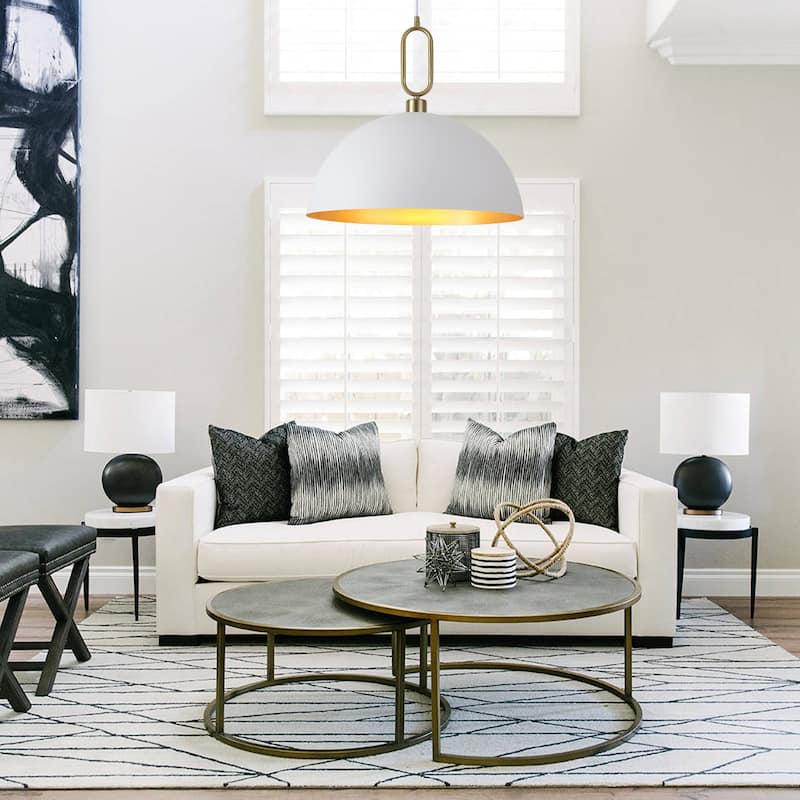1-Light Industrial Metal Dome Pendant with Golden Ring Accent