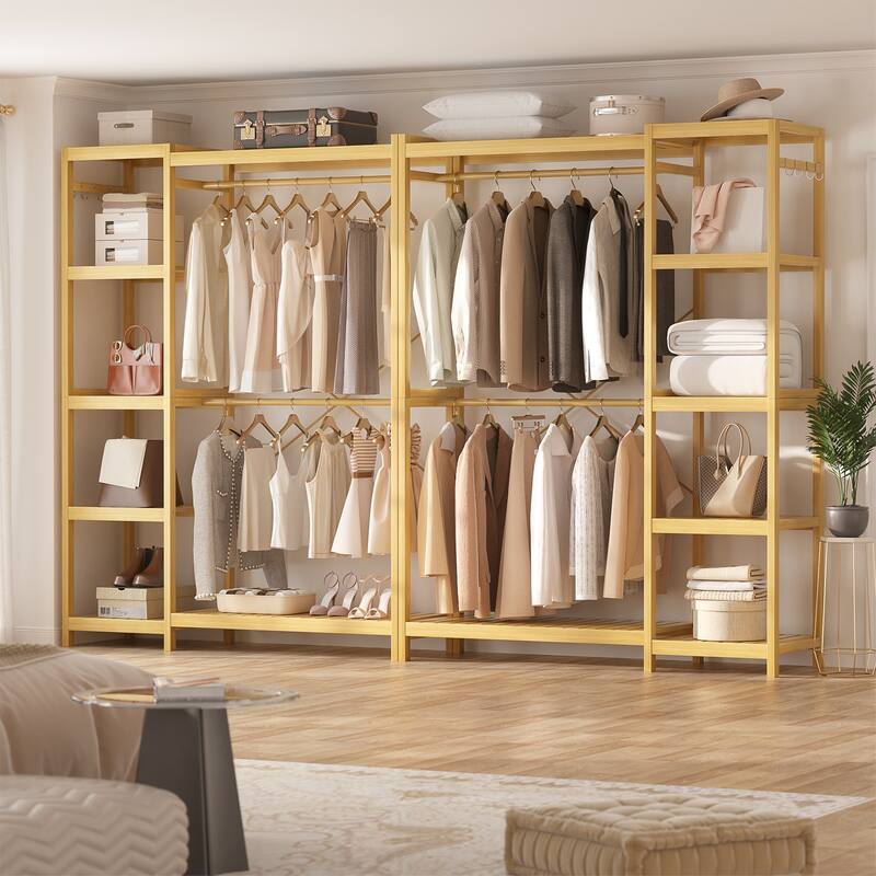 Bamboo Closet System Clothes Rack, Large Freestanding Garment Rack Clothing Rack for Hanging Clothes