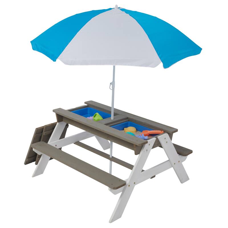 Wooden Kids Picnic Table, Sand and Water Table with Umbrella, Activity Table for Outdoor Backyard Patio Play