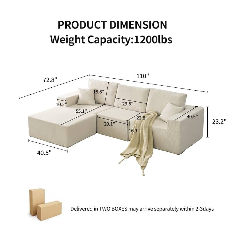 Corduroy Fabric 3 Seater Sectional Sofa with Ottoman Chaise Transforms Into Sleeper Sofa Bed, Modular Flexible Cloud Sofa Set