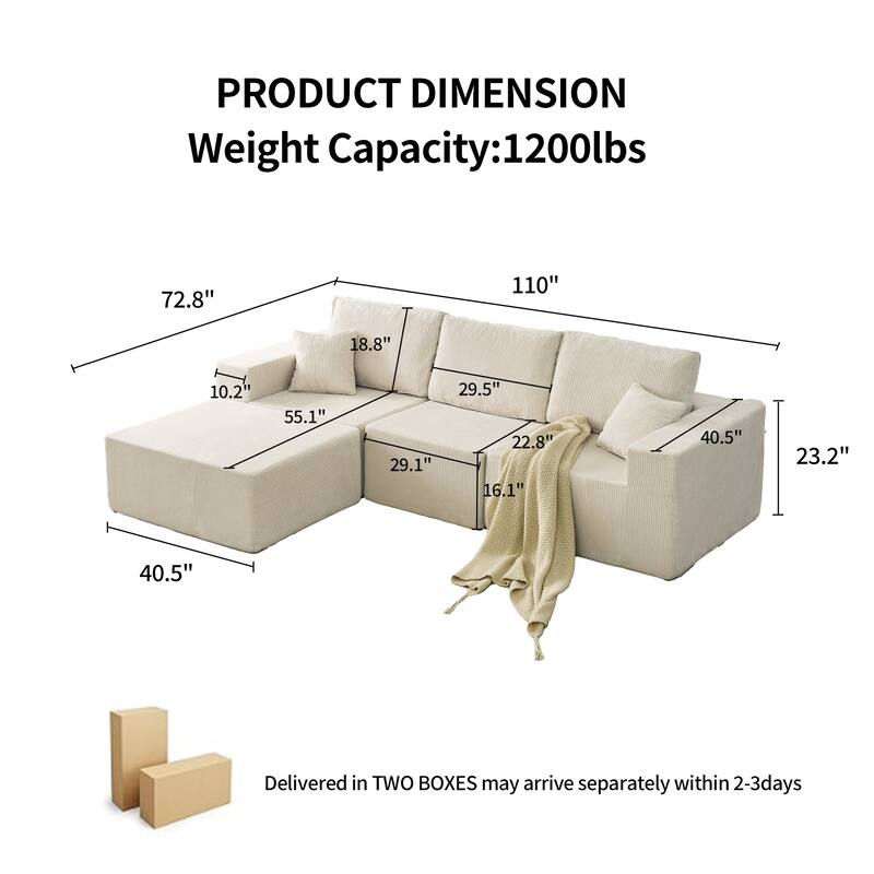 Modular L Shaped Sectional Sofa with Ottoman, Corduroy Boneless Cloud Sofa, 3 Seater Upholstered Sofa with 2 Pillows