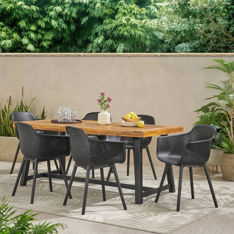 Catalopa Outdoor Wood and Resin Outdoor 7 Piece Dining Set by Christopher Knight Home - Black + Sandlblast Teak + Sandblast Black