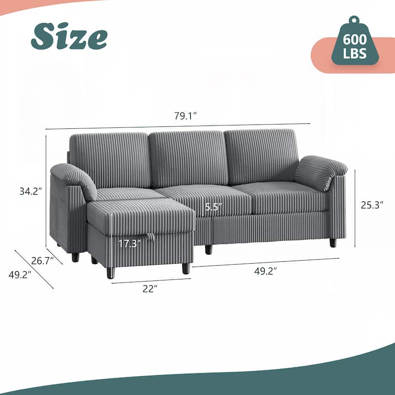 Futzca 79'' Corduroy Sectional Sofa Couch with Removable Pillow