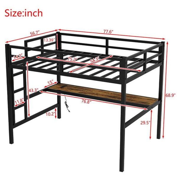 Full Size Metal Loft Bed with Power Outlet and LED Light, Space-Saving