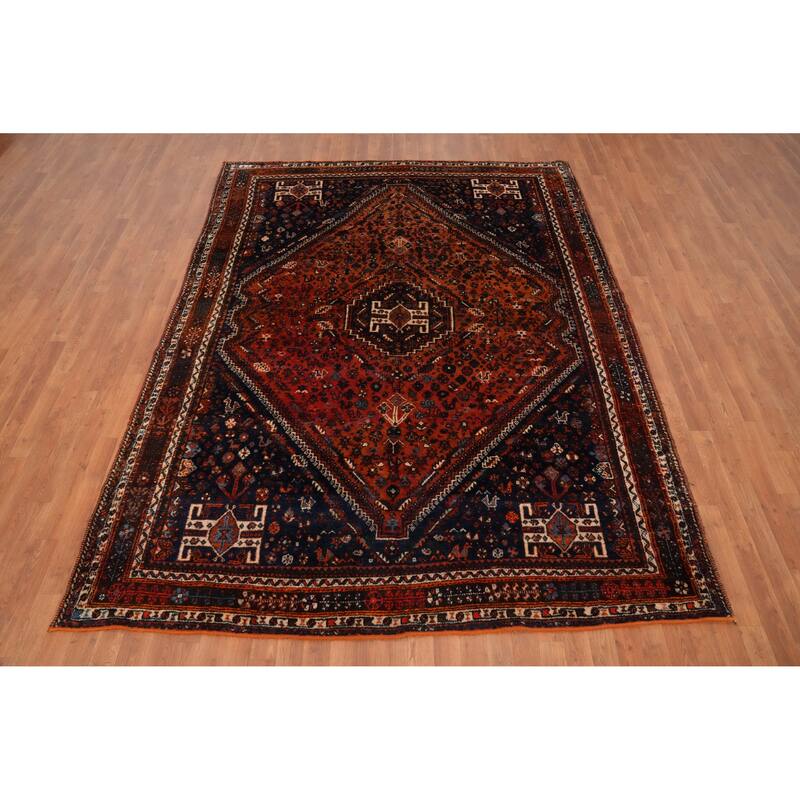 Hand Knotted Oriental 100% Wool Carpet Traditional Medallion Oranges & Rust Shiraz Area Rug - 9' 9'' X 7' 3''