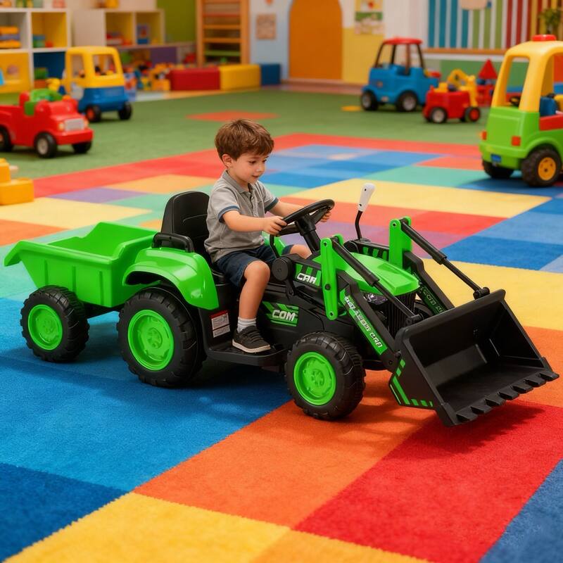 EROMMY Remote-Controlled Electric Ride-On Excavator with Horn, Lights, Music Player, and Safety Belt - 19''x59''x22'' - Green