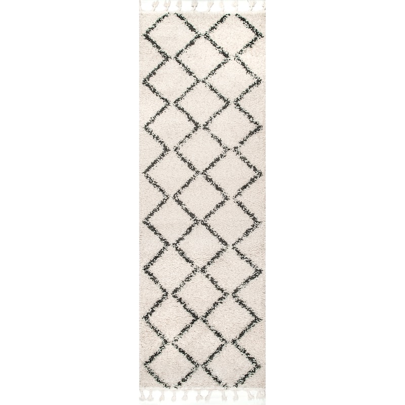 Nuloom Ivory Moroccan Trellis Soft Plush Tassel Shag Area Rug