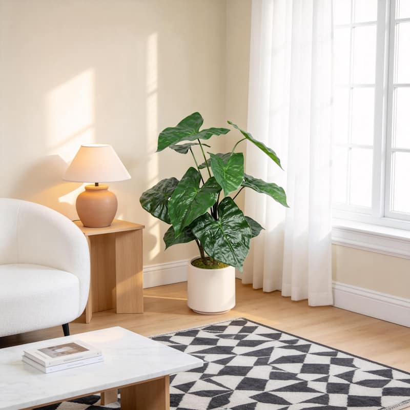 30" Artificial Tropical Alocasia Leaf Plant With White Pot 2pc/set
