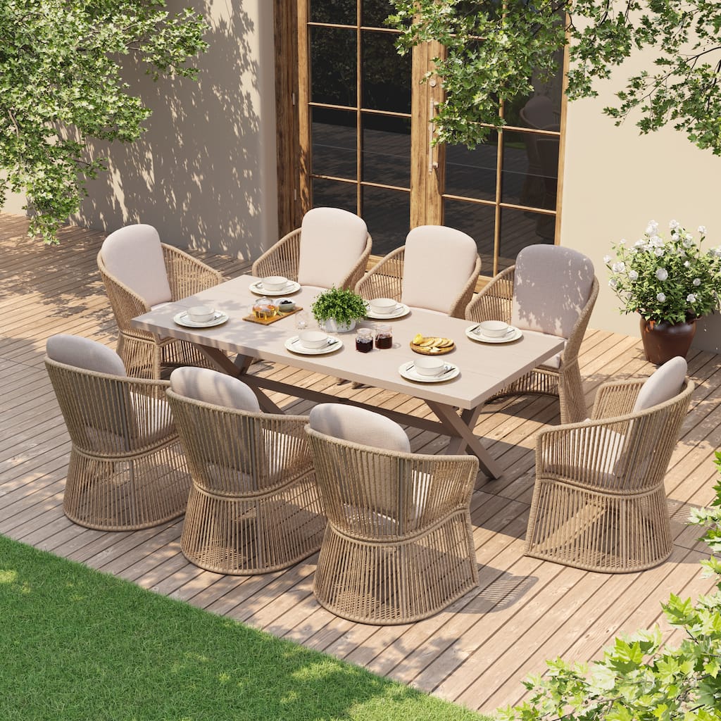 9-Piece Outdoor Dining Set - Weather-Resistant Aluminum Table with X-Leg Stability & PE Rattan Chairs