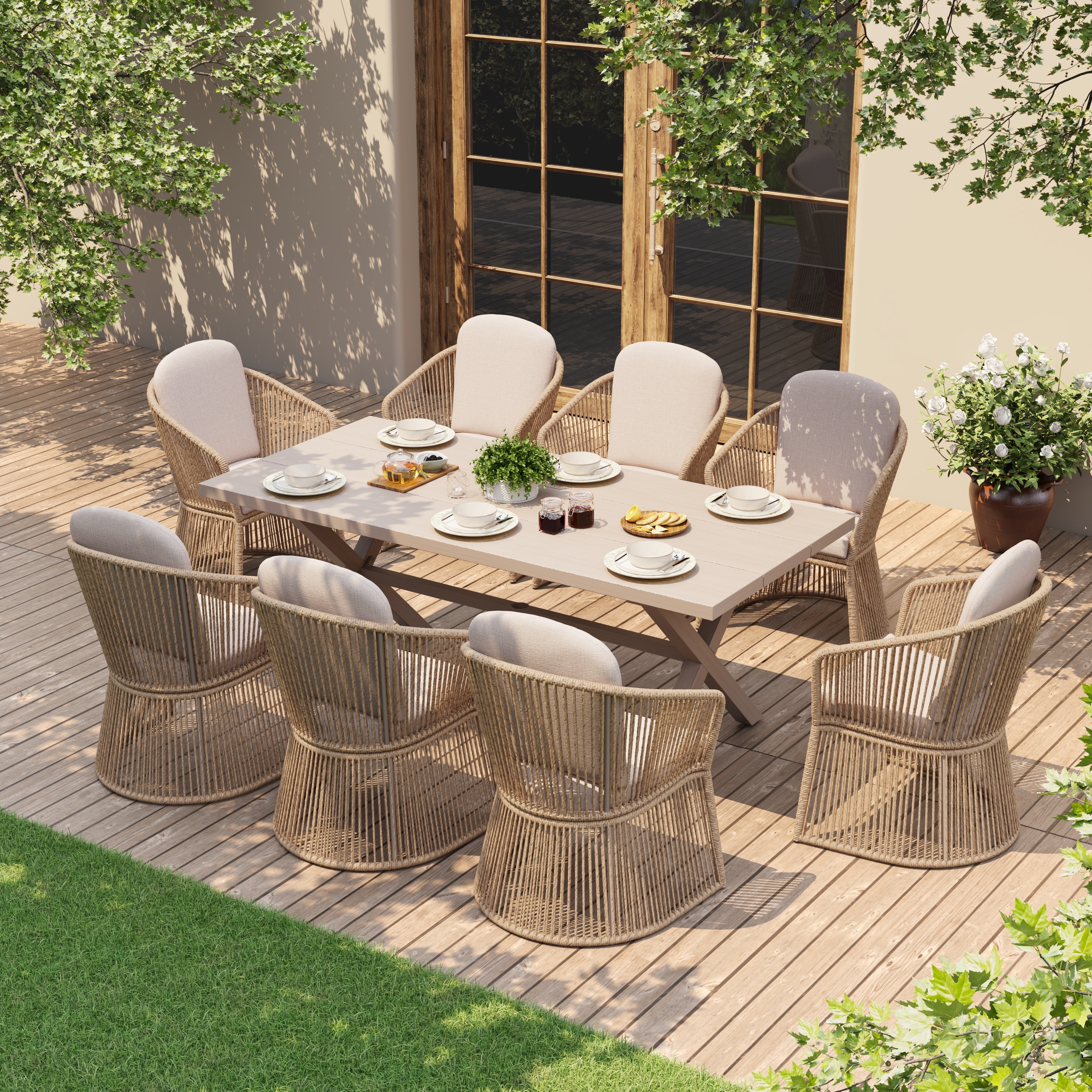 9-Piece Outdoor Dining Set - Weather-Resistant Aluminum Table with X-Leg Stability & PE Rattan Chairs
