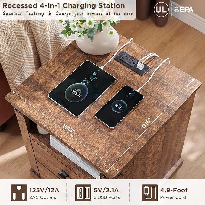 18" Farmhouse Nightstand with Charging Station, Night Stand, End Table
