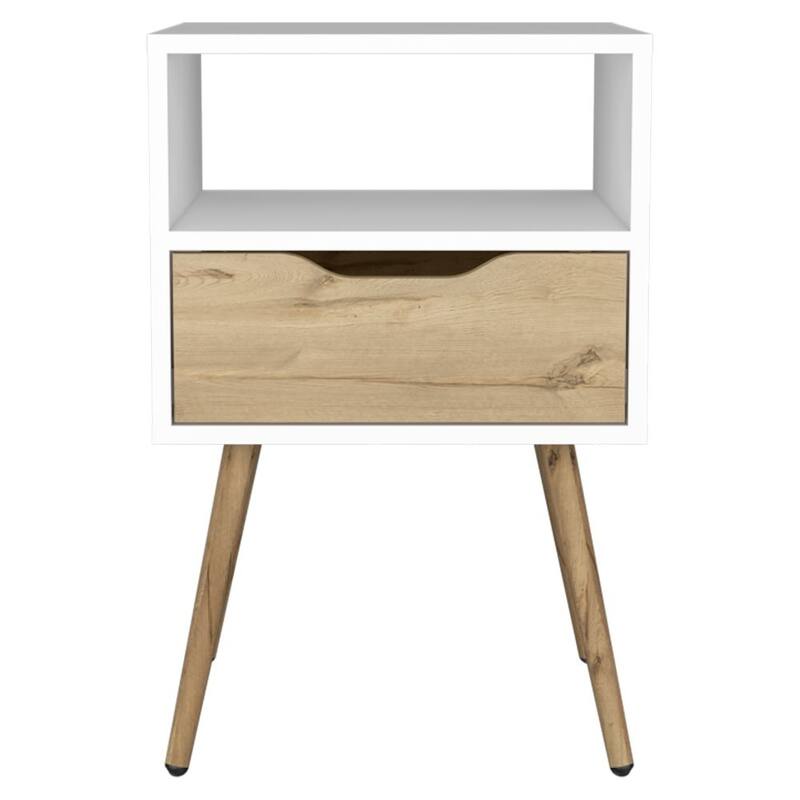 Modern Nightstand with Drawer and Open Shelf - White & Light Oak Finish, Space-Saving Design