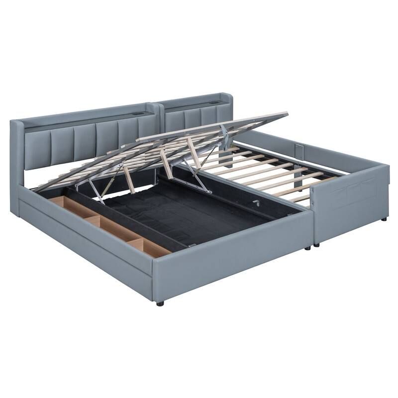 Queen Size/Twin XL Size Upholstered Platform Bed Frame with Hydraulic Storage System, Drawer,Shelves and UPS Ports