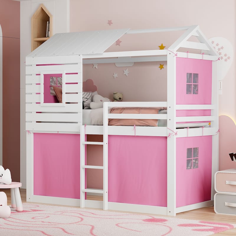 Pink+White Twin Size Solid Wood House Bunk Bed with Tent, Ladder, and Fence - Twin - Pink+White