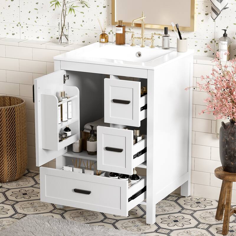 24" Modern Bathroom Vanity with Ceramic Sink - Soft-Close Door, 3 Drawers, Double-Layer Shelf, Minimalist Design - White