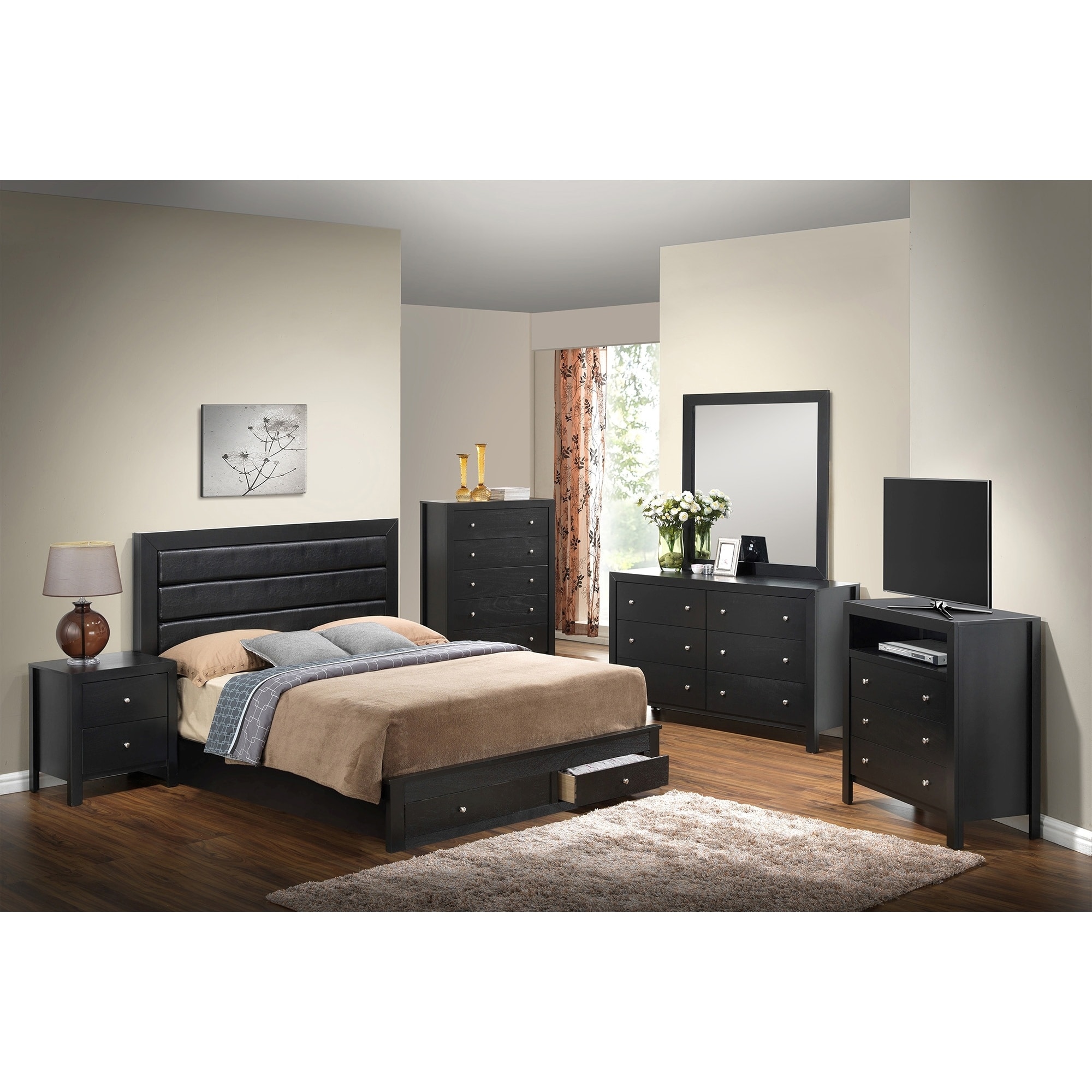 Solid Padded Upholstered Panel Queen Bed with Drawers - 87