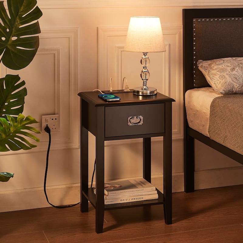 Javlergo Set of 2 Wooden Nightstand with Charging Station, Side End Table with USB Drawer and Open Storage Shelf