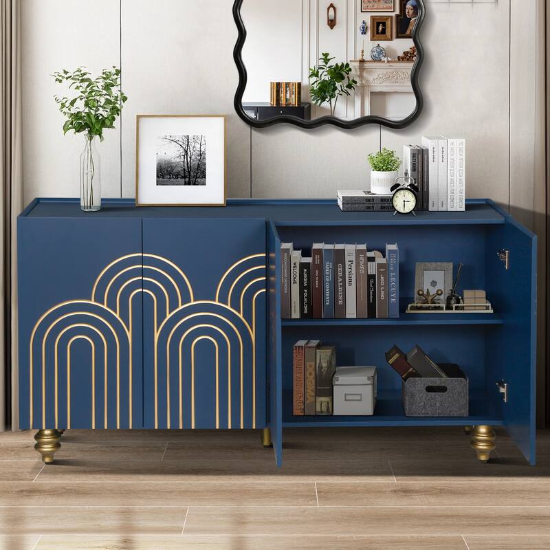 Modern Buffet Server Cabinet Navy Blue Console Cabinet with Adjustable Shelves, Storage Cabinet Sideboard Cupboard - Navy Blue