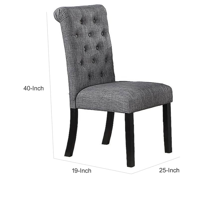 Jie 25 Inch Dining Chair, Tufted Gray Upholstery, Rolled Top, Black Wood