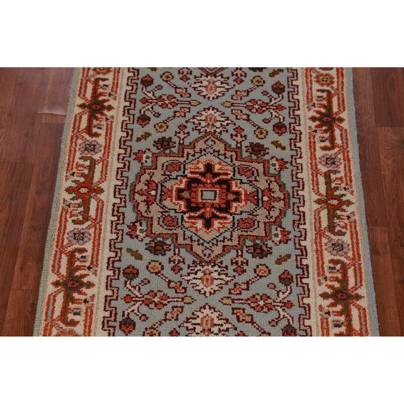 Hand Knotted Oriental 100% Wool Carpet Traditional Geometric Navy Blue & Blues Heriz (serapi) Runner Rug - 8' 4'' X 2' 6''