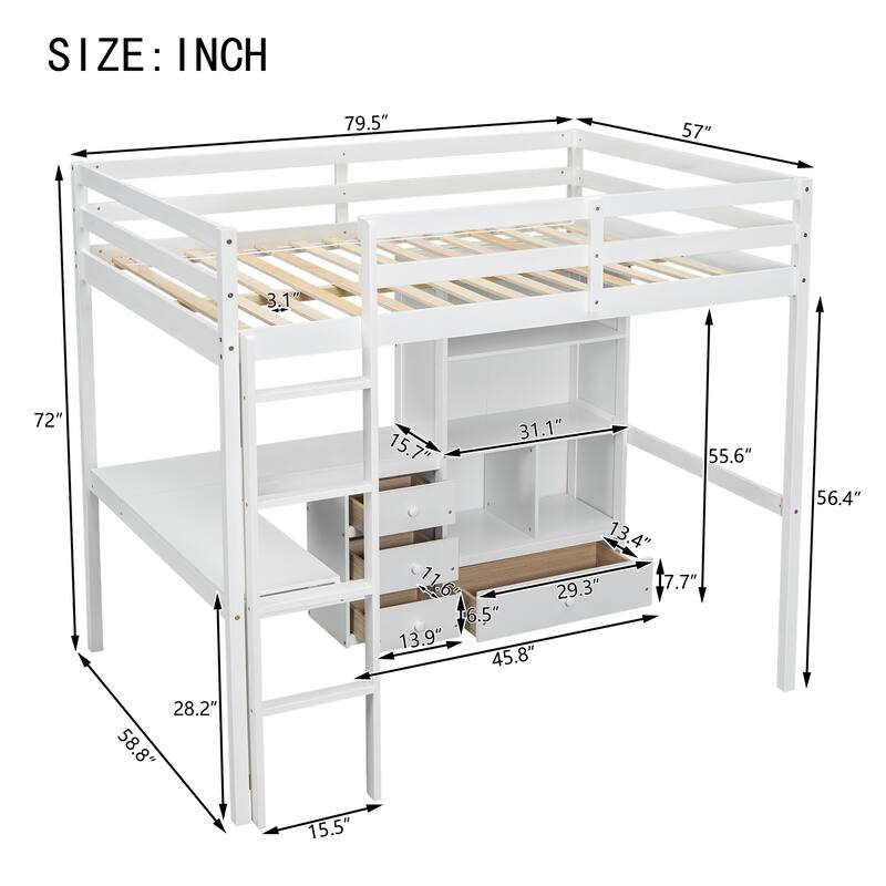 Full Size Loft Bed with Desk, Drawers and Shelves, Solid Pine Wood Frame with Built-in Ladder and Guardrails