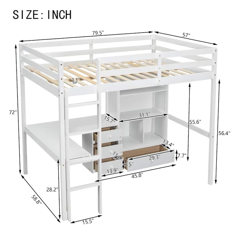 Full Size Wood Loft Bed with Desk and Storage