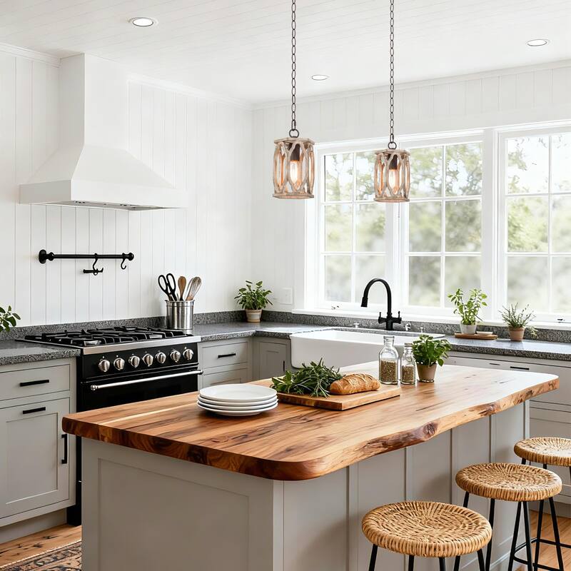 Clovy Farmhouse 1-Light Wood Lantern Pendant Lights for Kitchen Island - D6"x H 69"