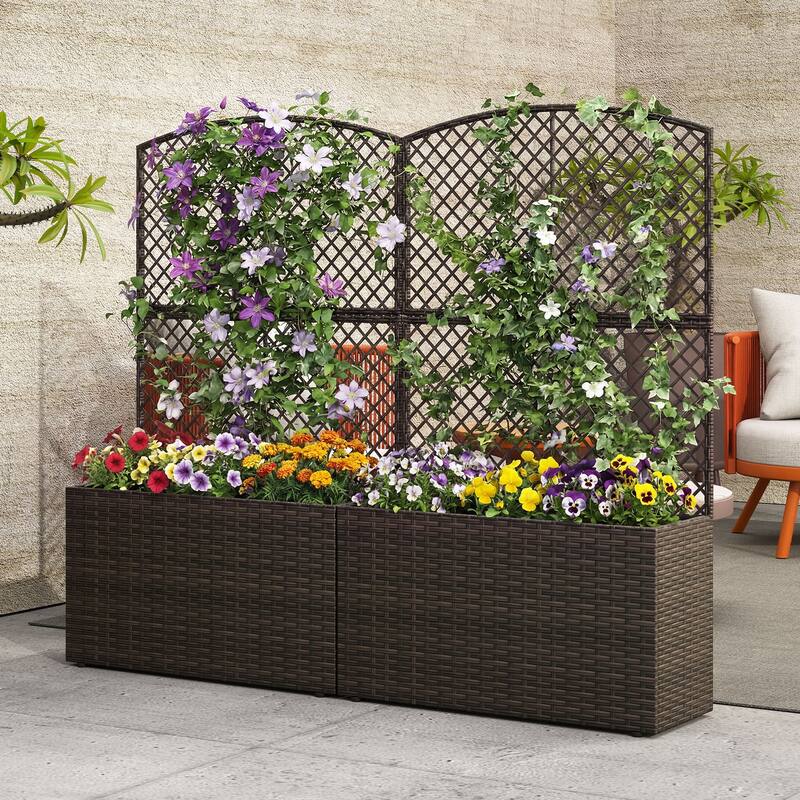 Gymax 2PCS 49'' Raised Garden Bed w/ Trellis Wicker Planter Box w/