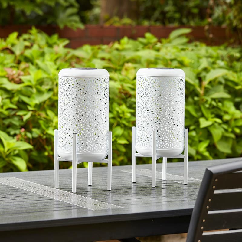 Glitzhome 14"H Outdoor Metal Cutout Flower/Leaves Solar Light Standing Lanterns Waterproof