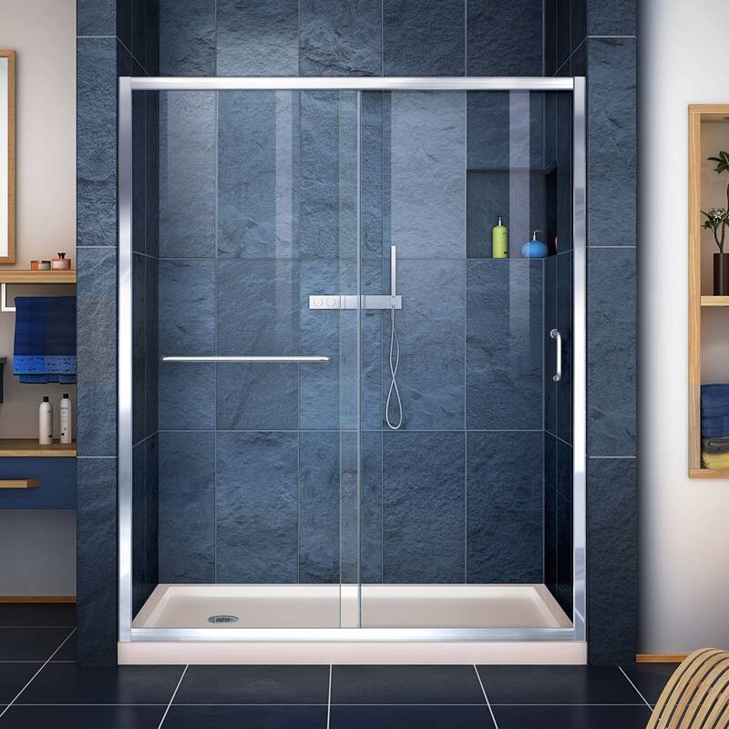 DreamLine Infinity-Z 30 in. D x 60 in. W x 74 3/4 in. H Sliding Shower Door and Shower Base Kit - Left Drain Base - Chrome, Biscuit Base, Left Drain