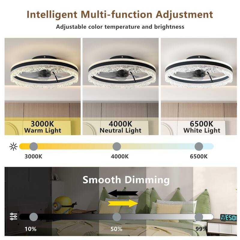 20" Smart Ceiling Fan with Light, LED Crystal Flush Mount Fan Lamp with Hidden Blades, Crystal LED Chandelier Fan