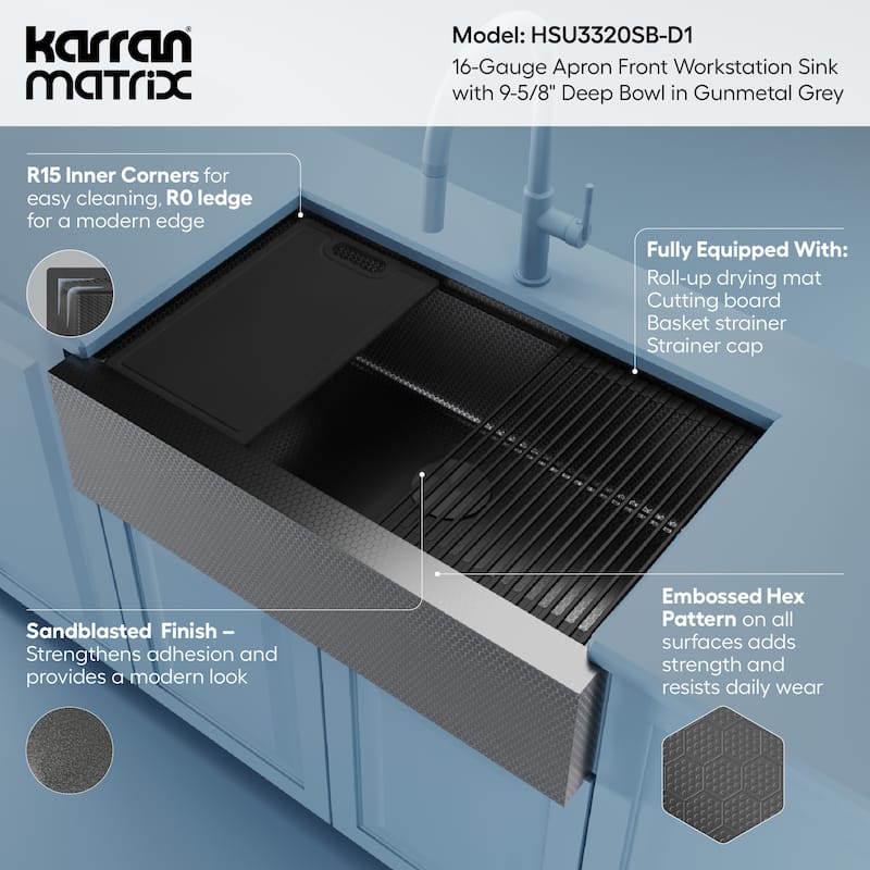 Karran Matrix 33" Apron Front Workstation 16 Gauge Single Bowl Stainless Steel Kitchen Sink with Accessories