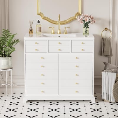Freestanding Vintage Storage Cabinet for Bathroom Vanity with Ceramic Sink, Drawers, Soft Closing Doors and Gold Metal Knobs