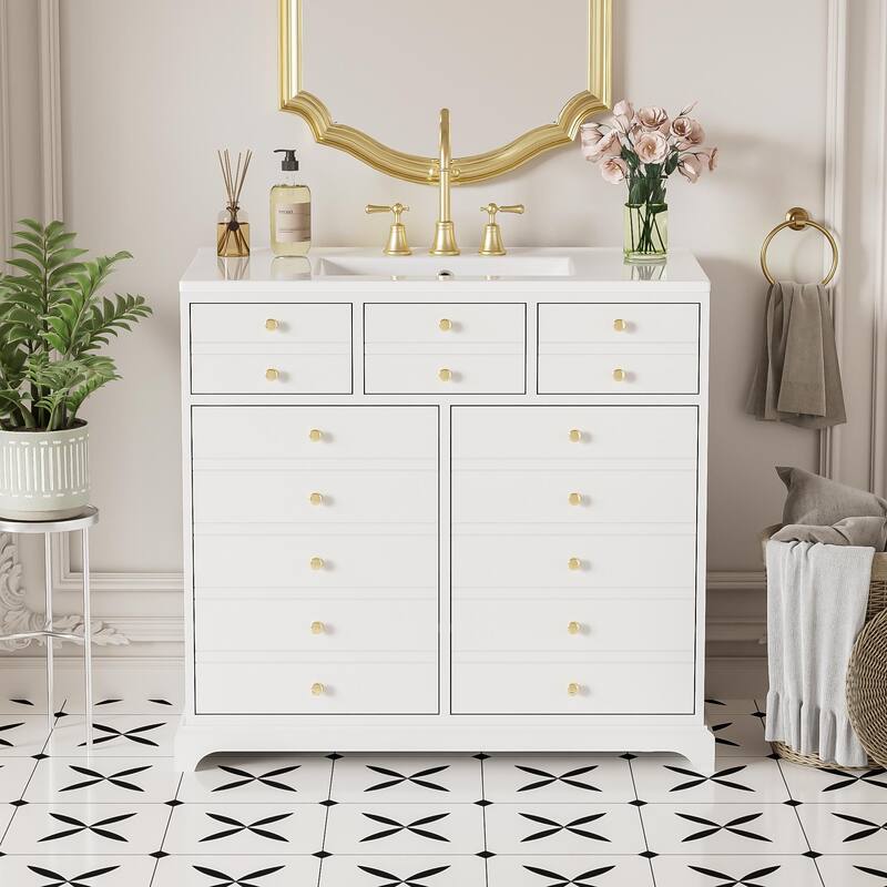 GDFStudio - Bretton Modern Freestanding Bathroom Vanity with Ceramic Sink with 2 Drawers & Soft Closing Doors - 36'W - White