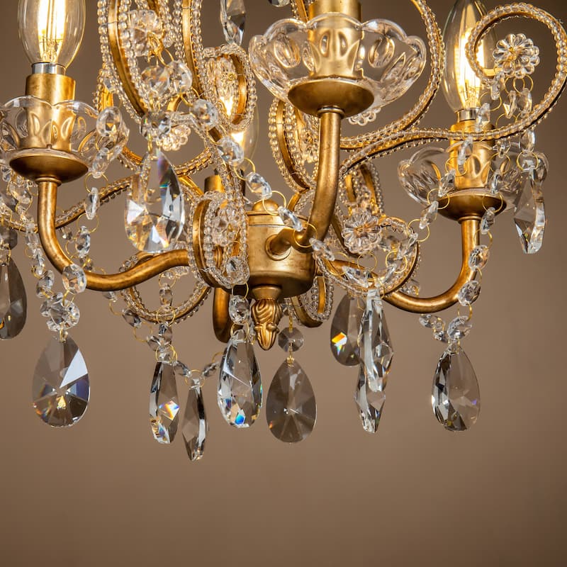 4-Lights Antique Gold Candlestick Chandelier 13in. Pendant Light with Crystal Teardrop Beads - 13 inches