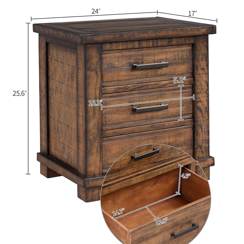 Roomfitters Rustic Farmhouse Nightstand Set of 2, Three-Drawer Design, Crafted from Reclaimed Solid Wood, Natural