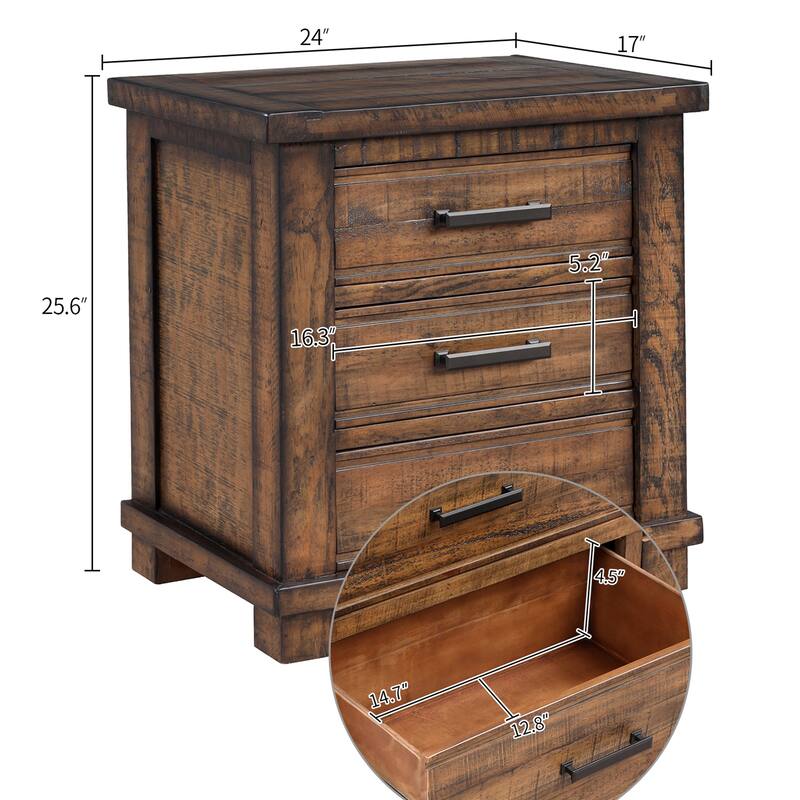 Rustic Reclaimed Pine Wood 3-Drawer Nightstand, Solid Wood Farmhouse Bedside Table with Antique Finish