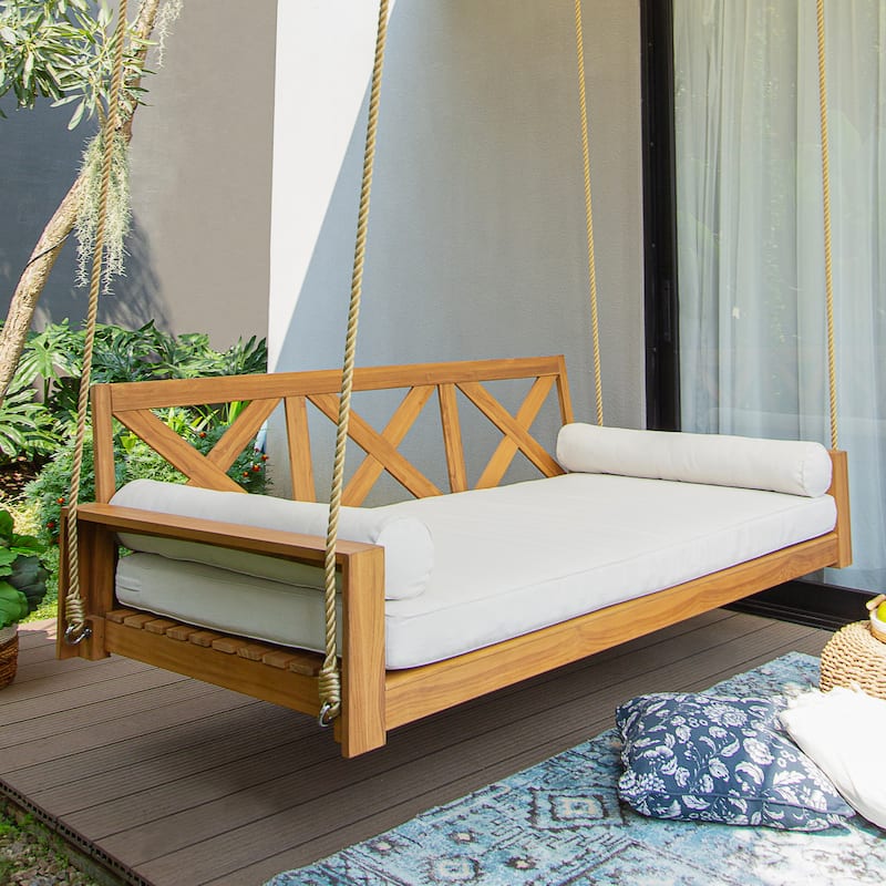 Cambridge Casual Logan Teak Outdoor Porch Swing Daybed with Cushion