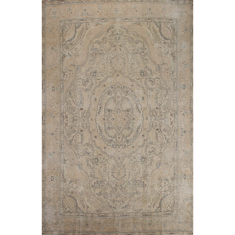 Hand Knotted Oriental 100% Wool Carpet Traditional Floral Beige & Ivories Tabriz Area Rug - 12' 7'' X 9' 7''