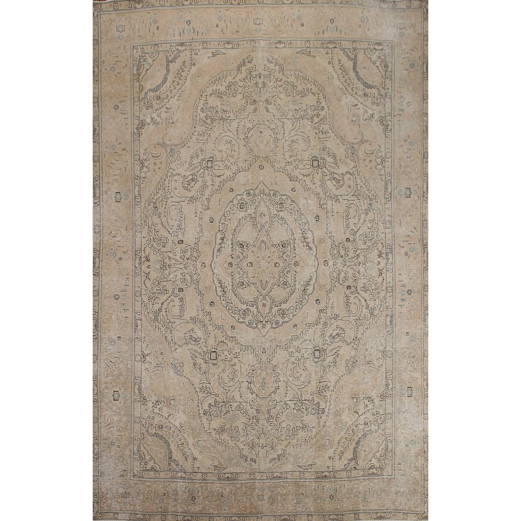 Hand Knotted Oriental 100% Wool Carpet Traditional Floral Beige & Ivories Tabriz Area Rug - 12' 7'' X 9' 7''