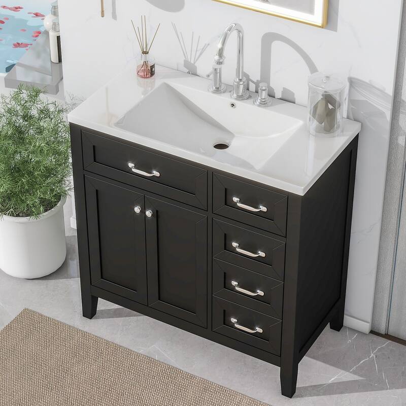 36" Bathroom Vanity with Sink Combo, Black Bathroom Cabinet with Drawers, Solid Frame and MDF Board - Black